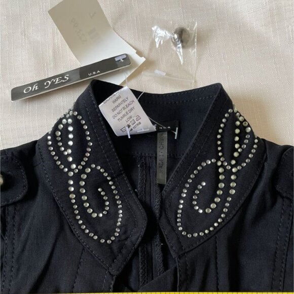 Oh Yes Black Sleeveless Chain Metallic Button Vest Womens L with Rhinestones - Picture 2 of 12